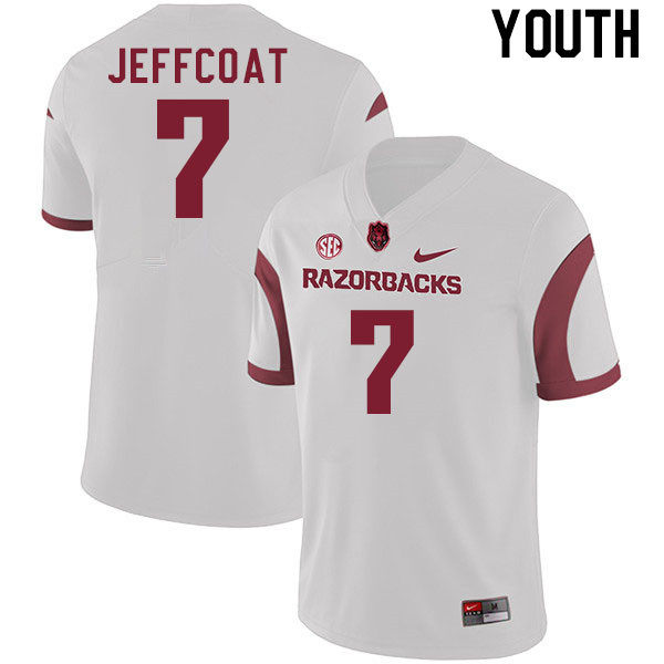 Youth #7 Trajan Jeffcoat Arkansas Razorback College Football Jerseys Stitched Sale-White - Click Image to Close